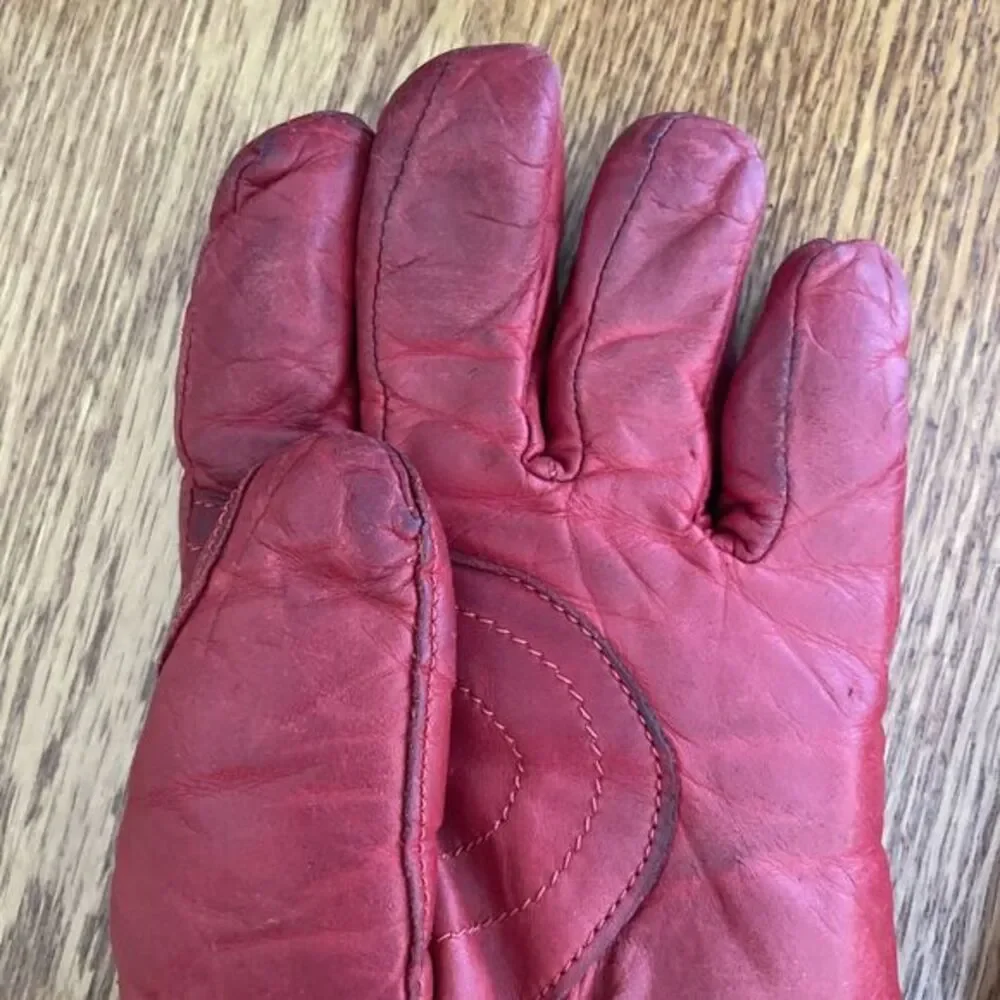Vintage Grandoe Red Leather Ski Gloves Snowboarding Winter Ladies‎ *READ*